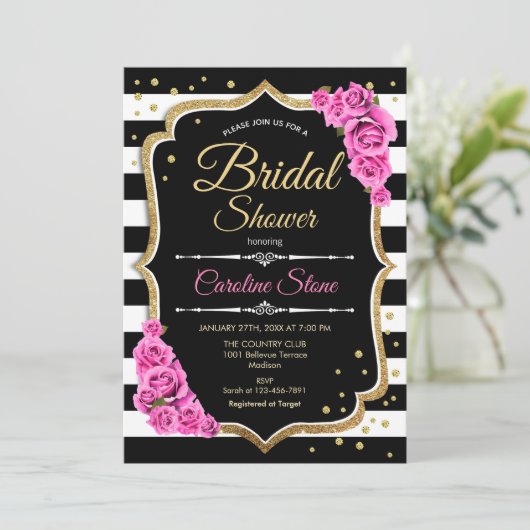 Vrijgezellenfeest - Zwarte witte strepen en roze r Kaart (Staand voorkant)