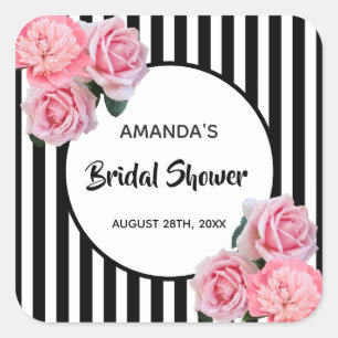 Vrijgezellenfeest zwarte witte strepen roze bloeme vierkante sticker