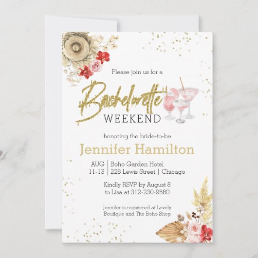 Vrijgezellenweekend uitnodiging | Waterverf Boho (Voorkant)