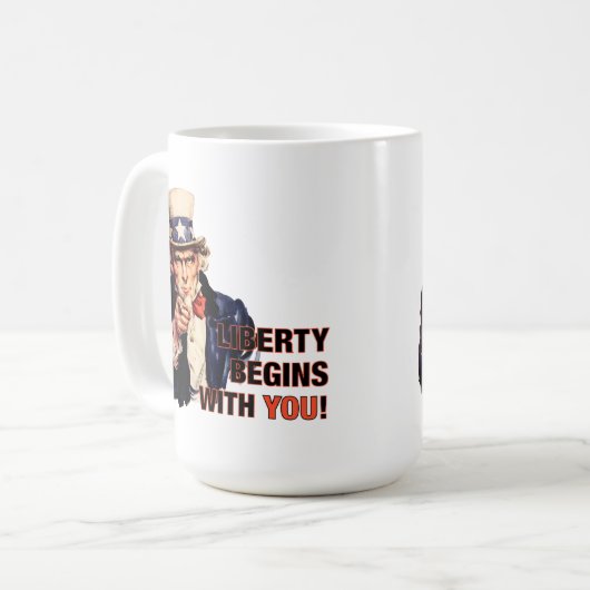 'Vrijheid begint met je' koffie-Mok Koffiemok (Voorkant links)