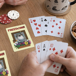 Vrijheid Ontsnapping Grappige Kat Gele Bloemen Rui Pokerkaarten