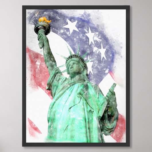 Vrijheidsbeeld close-up met vlag waterverf foto afdruk