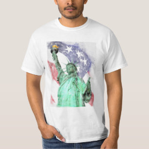 Vrijheidsbeeld close-up met vlag waterverf t-shirt