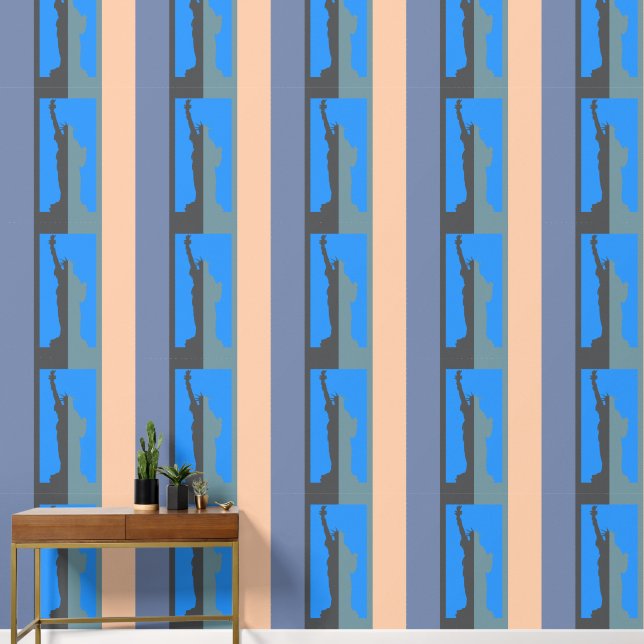 Vrijheidsbeeld Elegant Blauw Grijs Perzik Strepen Behang (Hal)
