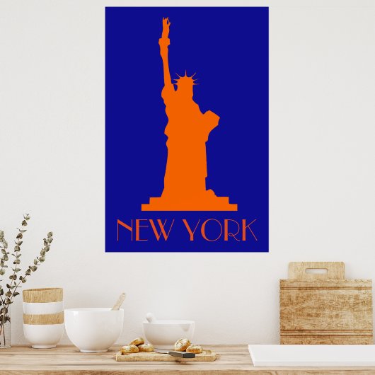 Vrijheidsbeeld en New York in Oranje en blauw Poster (Keuken)