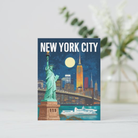 Vrijheidsbeeld en skyline van New York Retro Briefkaart (Staand voorkant)