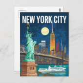 Vrijheidsbeeld en skyline van New York Retro Briefkaart (Voorkant / Achterkant)