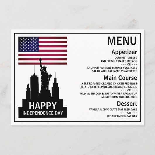 Vrijheidsbeeld, feestdag feestdag menu (Voorkant)