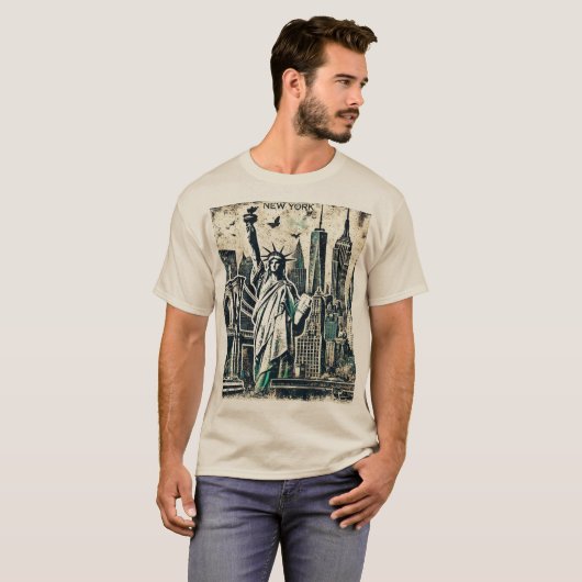 Vrijheidsbeeld Grunge in New York in zwaar weer T-shirt (Voorkant volledig)