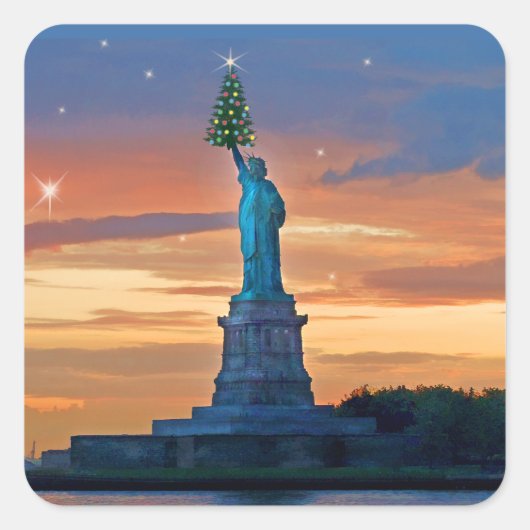 Vrijheidsbeeld met kerstboom vierkante sticker (Voorkant)