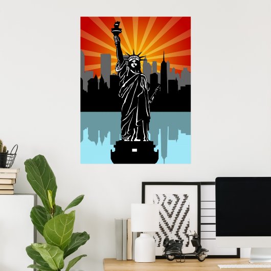 Vrijheidsbeeld met New York Skyline Poster (Thuiskantoor)