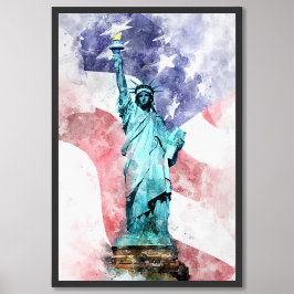 Vrijheidsbeeld met vlag waterverf foto afdruk