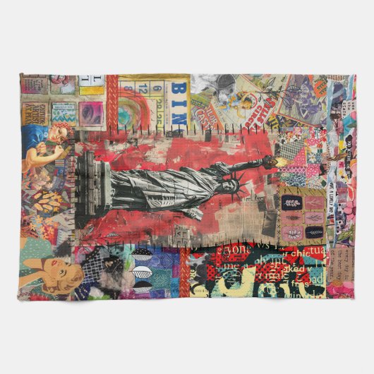 Vrijheidsbeeld Mixed Media Collage Art Theedoek (Horizontaal)