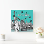 Vrijheidsbeeld New York Blauwgroen Vierkante Klok (Huis)