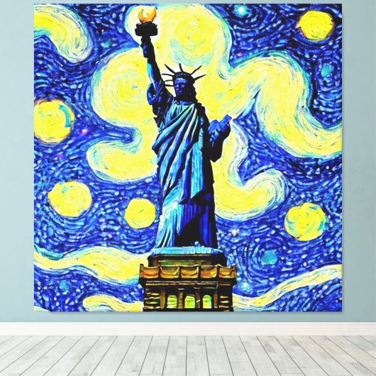 Vrijheidsbeeld Sterrennacht New York Canvas Afdruk (Insitu (Houten vloer))