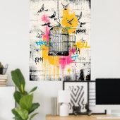 Vrijheidsvogels – Graffiti Open Kooi Stedelijke Po Poster (Thuiskantoor)