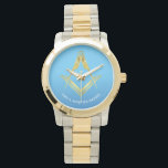 Vrijmetselaar Cadeaus | Lichtblauw Zilver Goud Mas Horloge<br><div class="desc">Classy lichtblauwe masonic horloges die gemakkelijk kunnen worden gepersonaliseerd voor een collega broer op zijn verjaardag, of zelfs om als elegante geschenken te geven om officieren te onderbrengen bij een jaarlijkse installatie van officieren viering. Het luxueuze ontwerp toont een gouden vierkant en kompas vrijmetselaarssymbool over een poeder hemelsblauwe achtergrond met...</div>