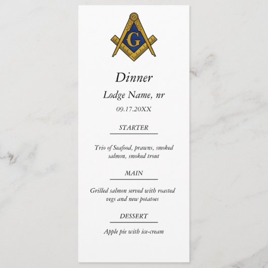 Vrijmetselaar vrijmetselaar dinervoeding menu (Voorkant)