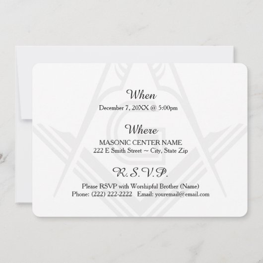 Vrijmetselaarsuitnodiging, vrijmetselaarsdiner op  kaart (Achterkant)