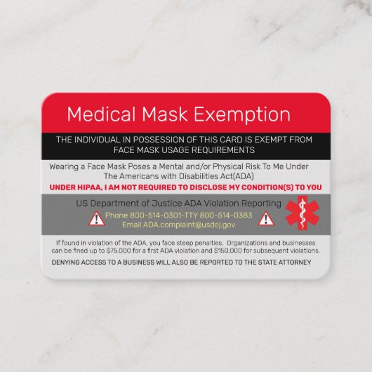 Vrijstelling van medische maskers visitekaartje (Voorkant)