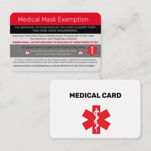 Vrijstelling van medische maskers visitekaartje (Voorkant / Achterkant)