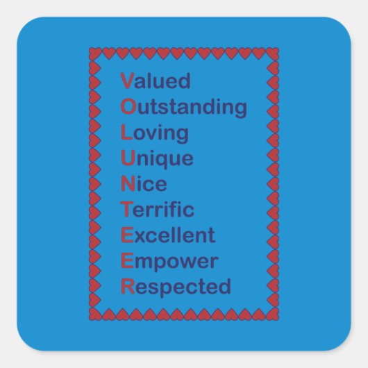 Vrijwilligerswerk Typografie Rode harten Blauwe ac Vierkante Sticker (Voorkant)