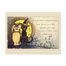 Vroeg 1900 Vriendelijke Kat en Uil Vintage Hallowe