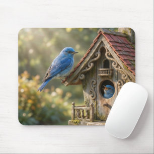 Vroeg-20e-eeuwse vogelhuis met blauwe vogels muismat