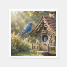 Vroeg-20e-eeuwse vogelhuis met blauwe vogels servet
