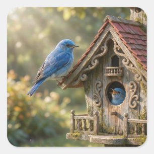 Vroeg-20e-eeuwse vogelhuis met blauwe vogels vierkante sticker