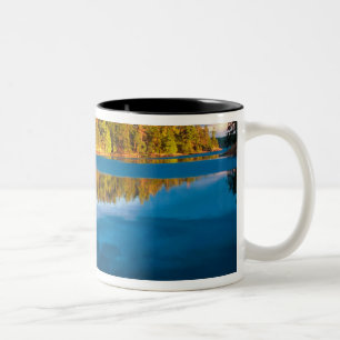 Vroege avondreflecties in het grenswater tweekleurige koffiemok