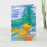 Vroege Brother in het herfstgebergte Kaart<br><div class="desc">Een verjaardagskaart voor het seizoen van de herfst met een bergmeer in de herfst,  met planten en struiken die in de rotsen groeien en van kleur veranderen in heldere geeltjes en sinaasappels met een periwinkle hemel met inkt en geschilderd met waterverf.   U kunt de tekst aanpassen aan uw behoeften.</div>