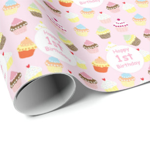 Vroege eerste verjaardag Cupcake roze Gift Wrap Cadeaupapier