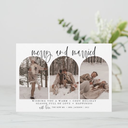 Vroege en gehuwde Pas getrouwd kerstkaart Modern (Staand voorkant)