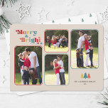 Vroege en kleurrijke foto's van Merry & Bright Ret Feestdagenkaart<br><div class="desc">Op de kleurrijke kerstkaart staat de tekst "Merry & Bright" die op een crèmekleurige achtergrond in meerkleurige retrotekst staat. Het ontwerp biedt vier fotokaders voor uw favoriete familiefoto's aan. Foto © Storytree Studios,  Stanford,  CA</div>