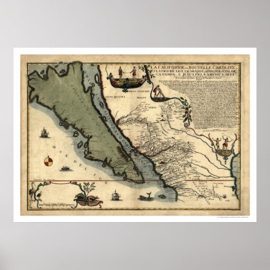 Vroege Kaart 1712 voor Californië en Mexico Poster (Voorkant)