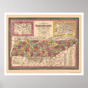 Vroege kaart van Tennessee 1850 Poster