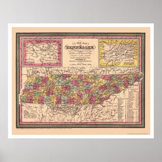 Vroege kaart van Tennessee 1850 Poster (Voorkant)
