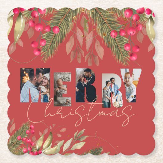 Vroege kerst Multi Foto Red Gold Holiday Party Kartonnen Onderzetters (Voorkant)