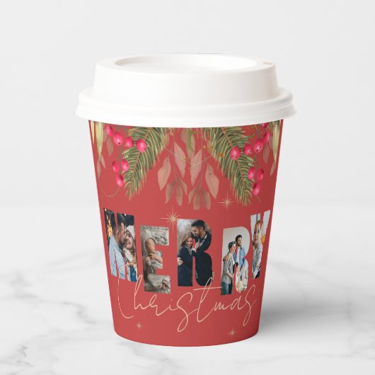 Vroege kerst Multi Foto Red Gold Holiday Party Papieren Bekers (Voorkant)