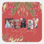 Vroege kerst Multi Foto Red Gold Holiday Party Vierkante Sticker (Voorkant)
