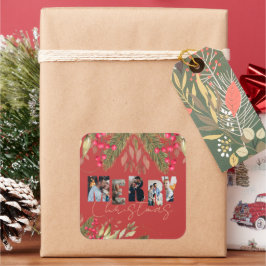 Vroege kerst Multi Foto Red Gold Holiday Party Vierkante Sticker