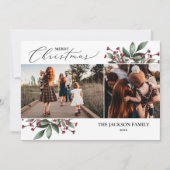 Vroege kerstavond Greenery Red Photo Holiday Card Kaart (Voorkant)