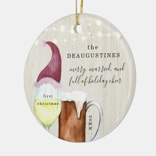 Vroege kerstbier en wijn met huwelijk keramisch ornament (Links)