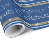 Vroege Kerstblauw Striped Elegant Holiday Cadeaupapier (Rol Hoek)
