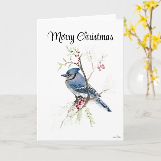 Vroege kerstblauwe Jay Holiday Card Kaart (Gele Bloem)