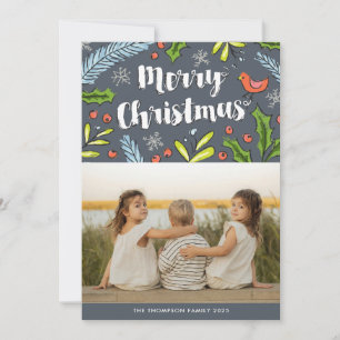 Vroege kerstblauwe Spruce-fotofeestkaart Feestdagenkaart