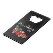 Vroege kerstboom Datum  Red Truck Black Creditkaart Flessenopener (Voorkant Gekanteld)