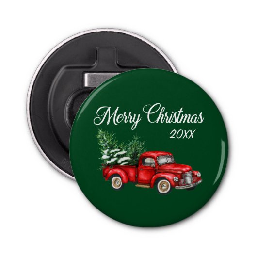 Vroege kerstboom Datum  Red Truck Green Button Flesopener (Voorkant)