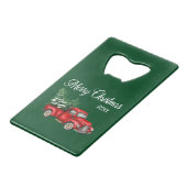 Vroege kerstboom Datum  Red Truck Green Creditkaart Flessenopener (Voorkant Gekanteld)
